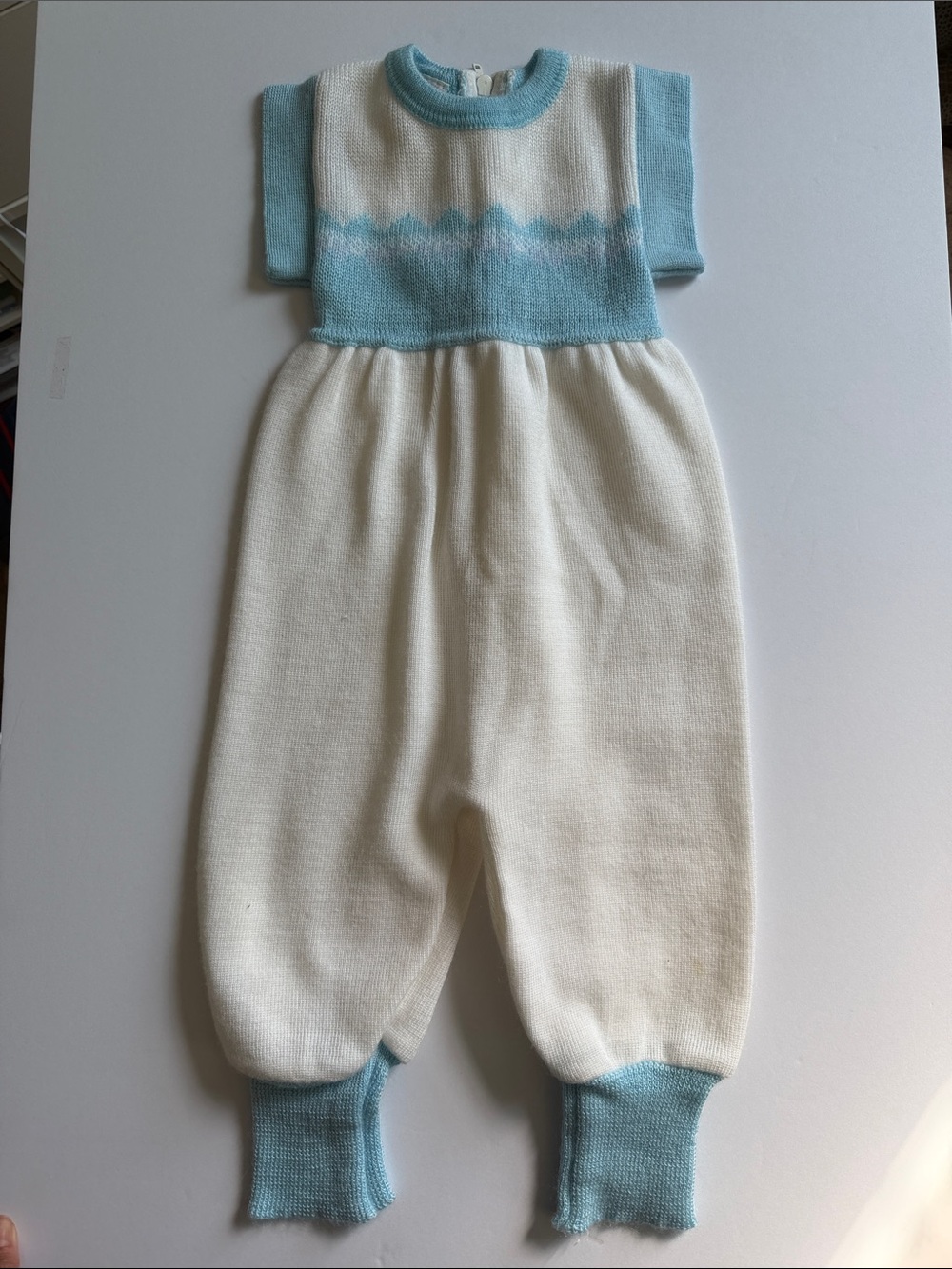 Vintage marese made in France White and Light Blue Knit Baby Romper
